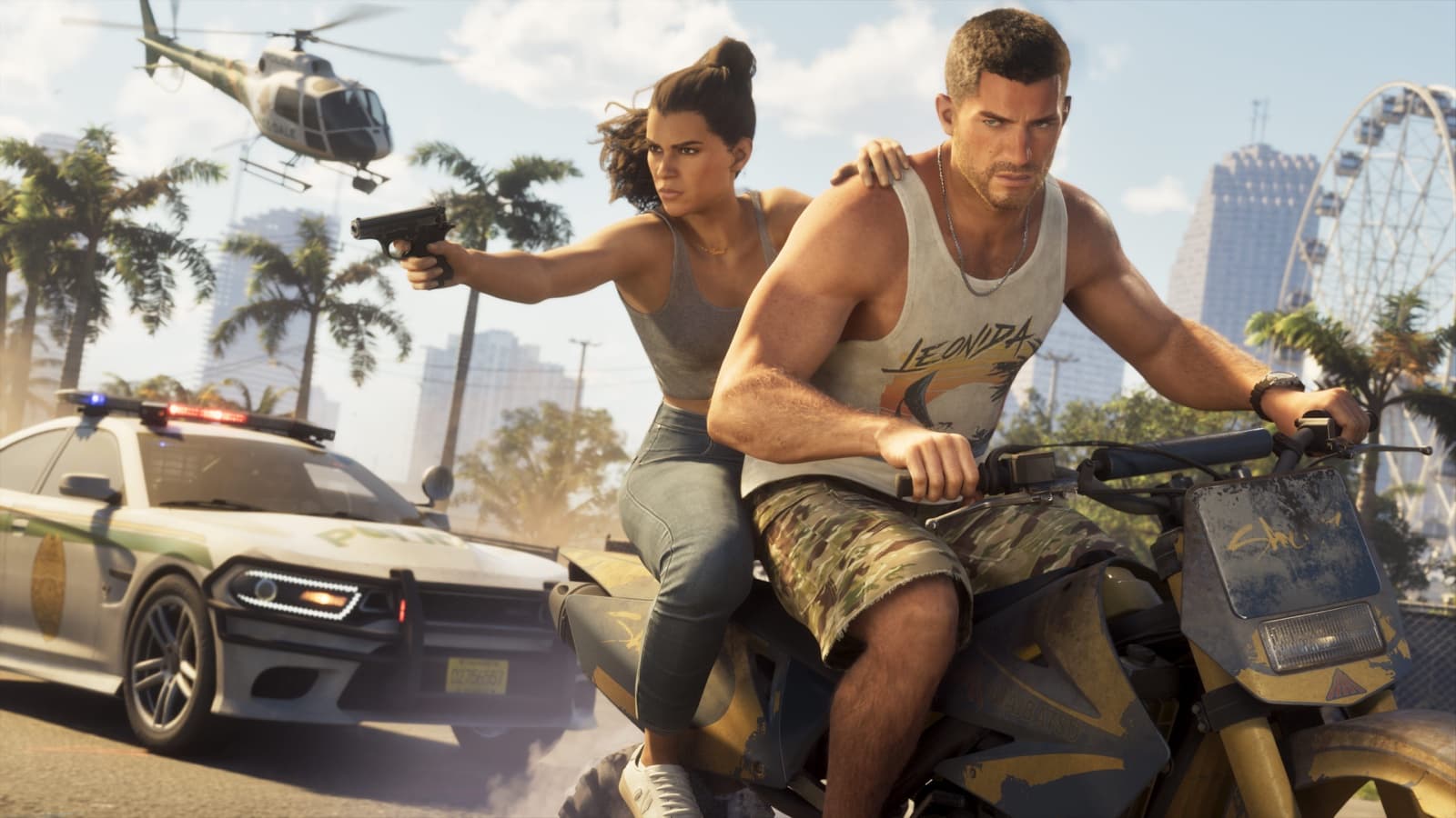 Jason and Lucia riding a motorcycle during a police pursuit in an official GTA 6 screenshot