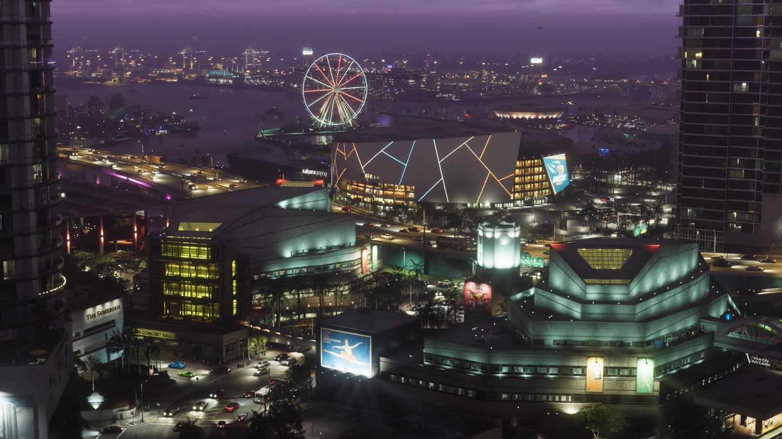 Vice City at night with traffic, waterfront buildings and a Ferris wheel in an official GTA 6 screenshot