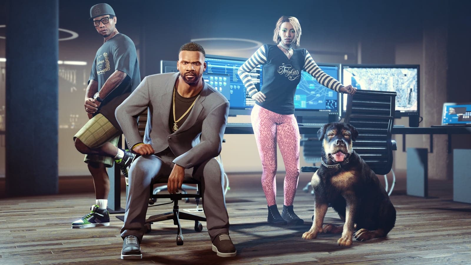 Franklin Clinton inside the F. Clinton and Partner Agency office in GTA Online