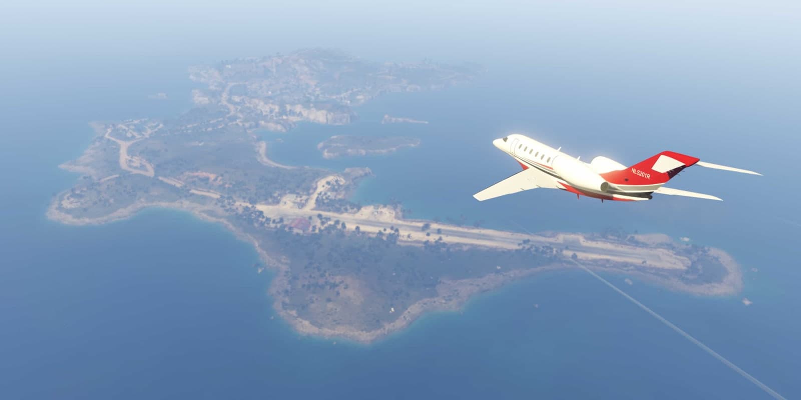 A private jet flying over Cayo Perico's coastline and airstrip in GTA Online