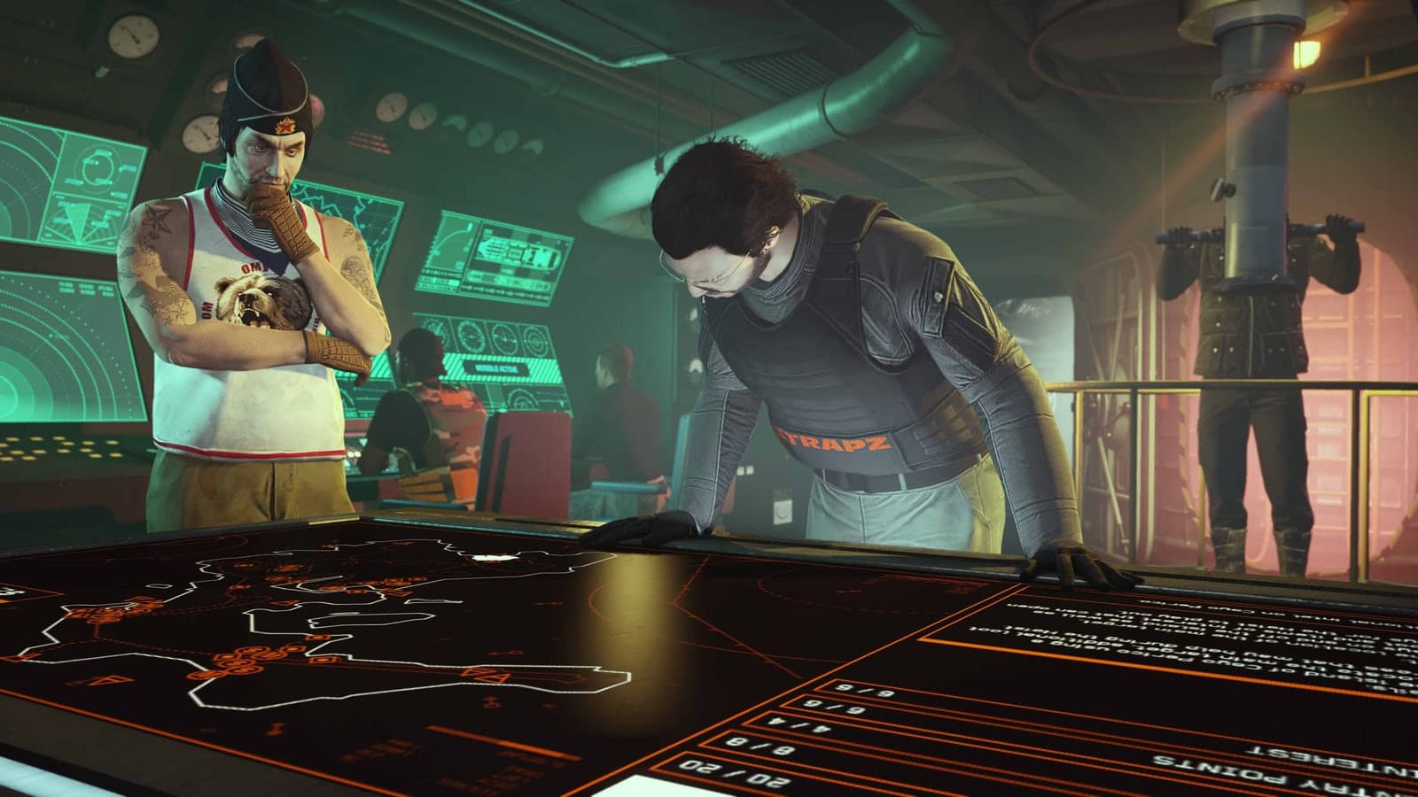 Pavel and a player looking over the heist planning table inside the Kosatka in GTA Online