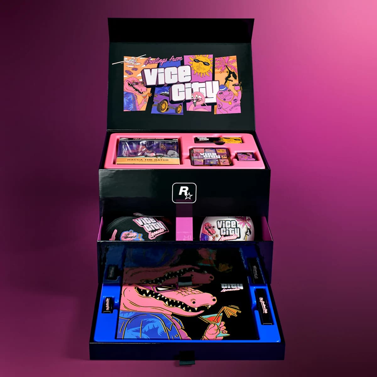 Official Rockstar image of the Goodtime State Vice City Collector's Box and its contents