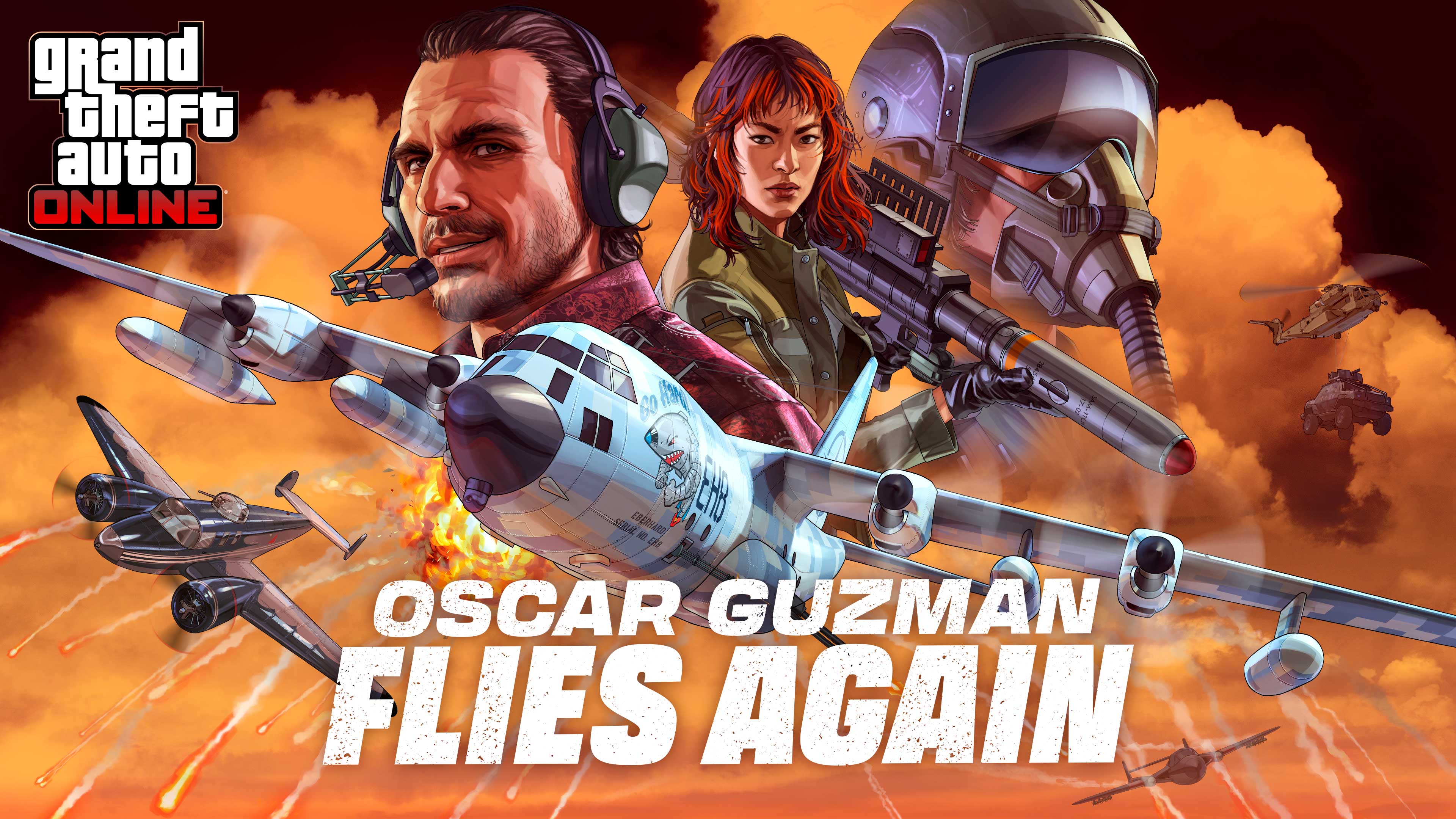 Official GTA Online Oscar Guzman Flies Again artwork with armed characters, aircraft and helicopters