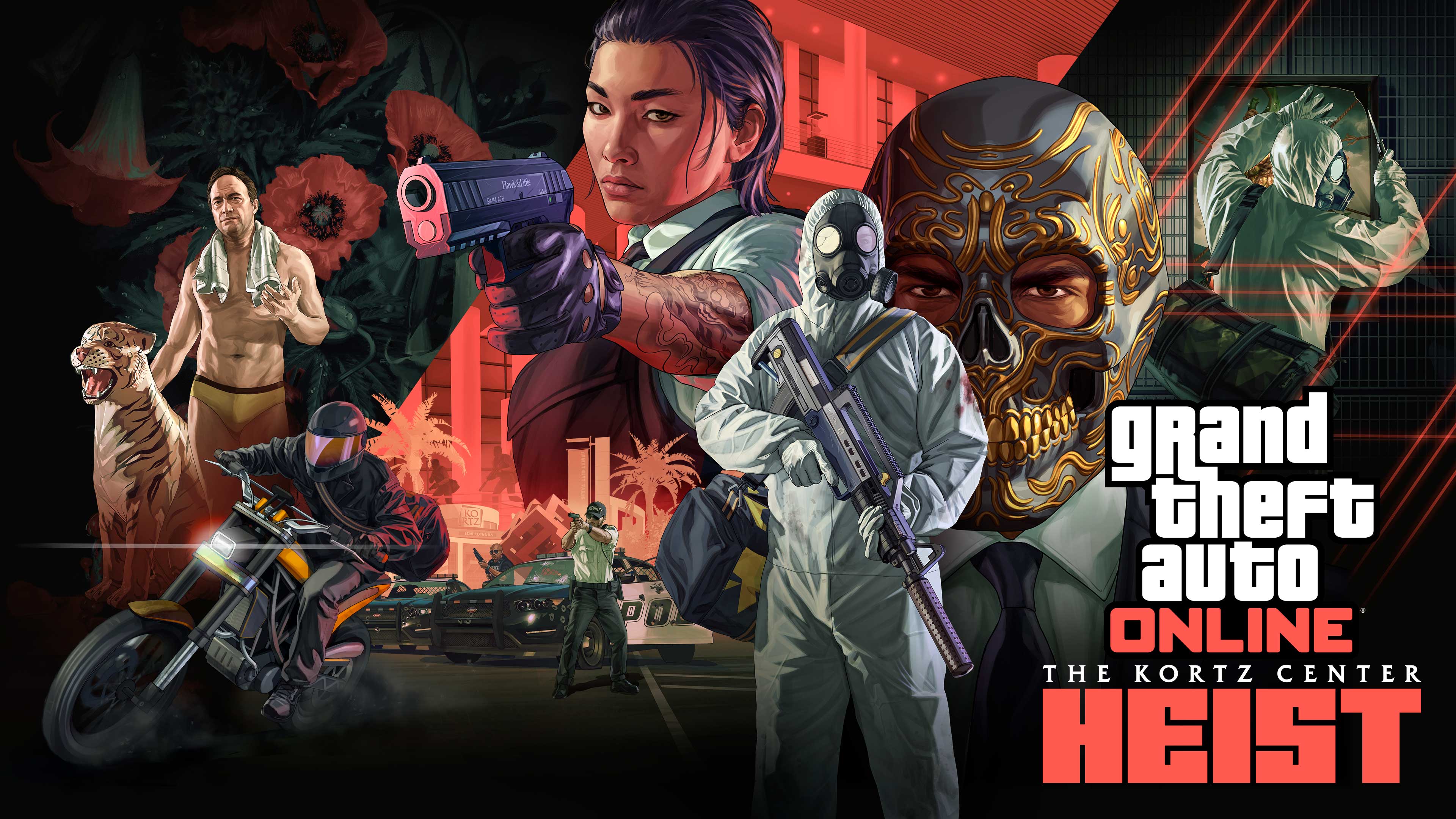 Official GTA Online The Kortz Center Heist artwork with masked armed characters, a motorcyclist and a framed painting