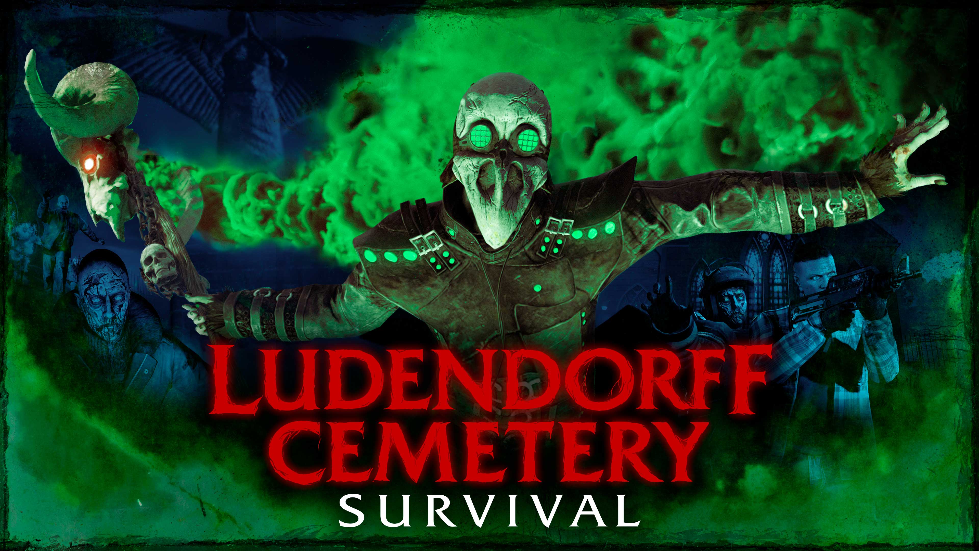 Ludendorff Cemetery Survival artwork featuring a creature with a white skull and green goggles