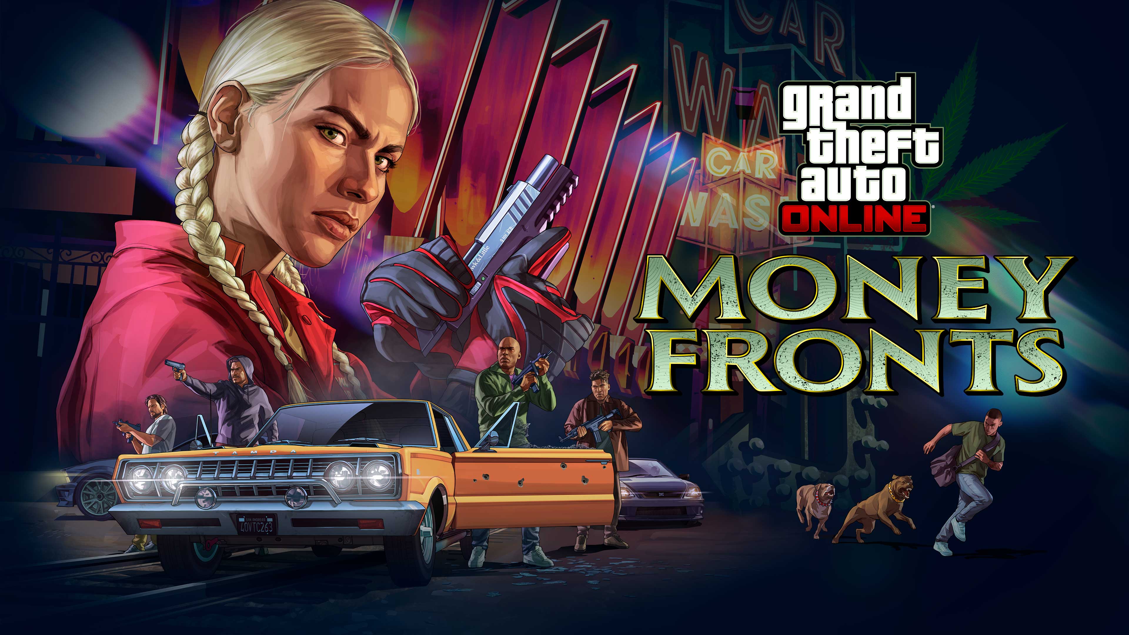 Official GTA Online Money Fronts artwork featuring armed characters, a yellow car and the Hands On Car Wash