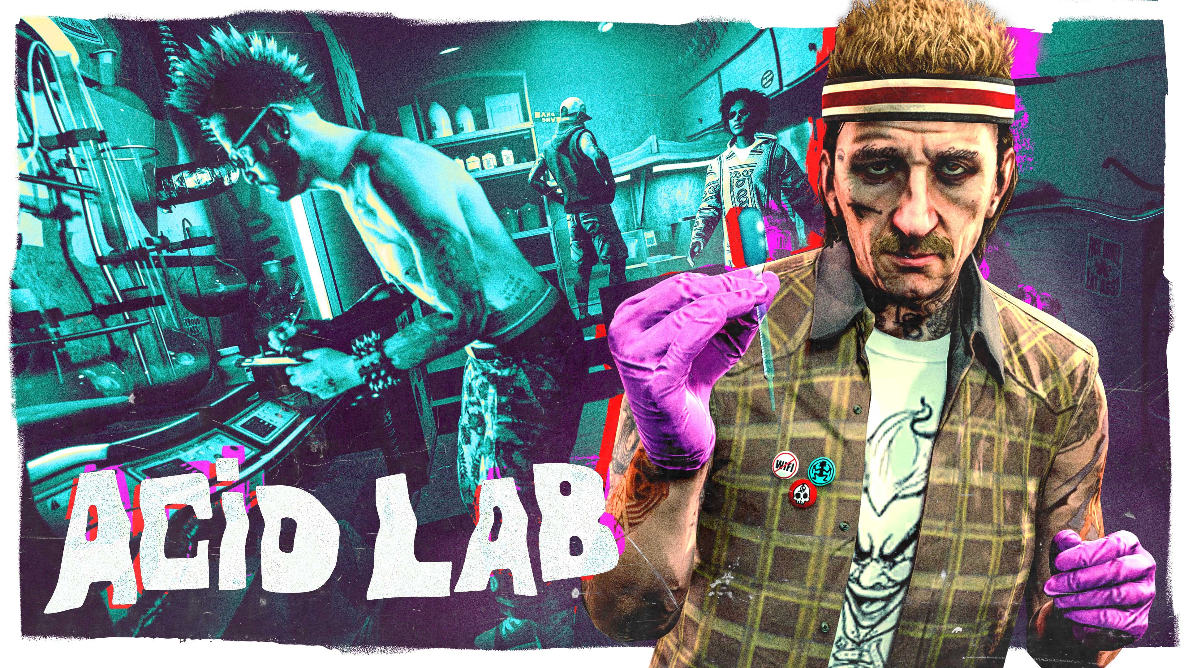 Official Los Santos Drug Wars artwork showing a character working inside the Acid Lab