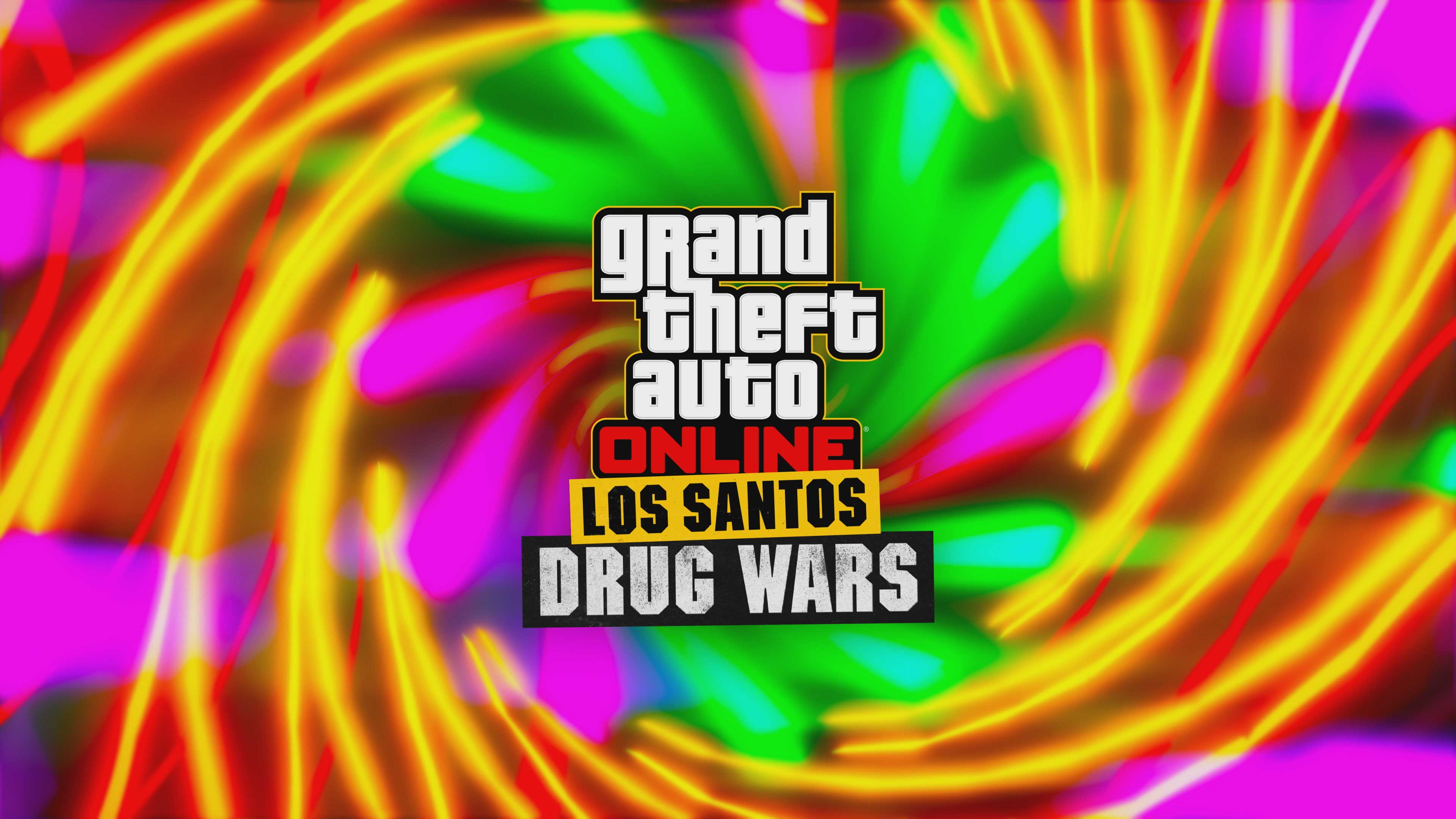 Official GTA Online Los Santos Drug Wars artwork with the update logo against a multicoloured background