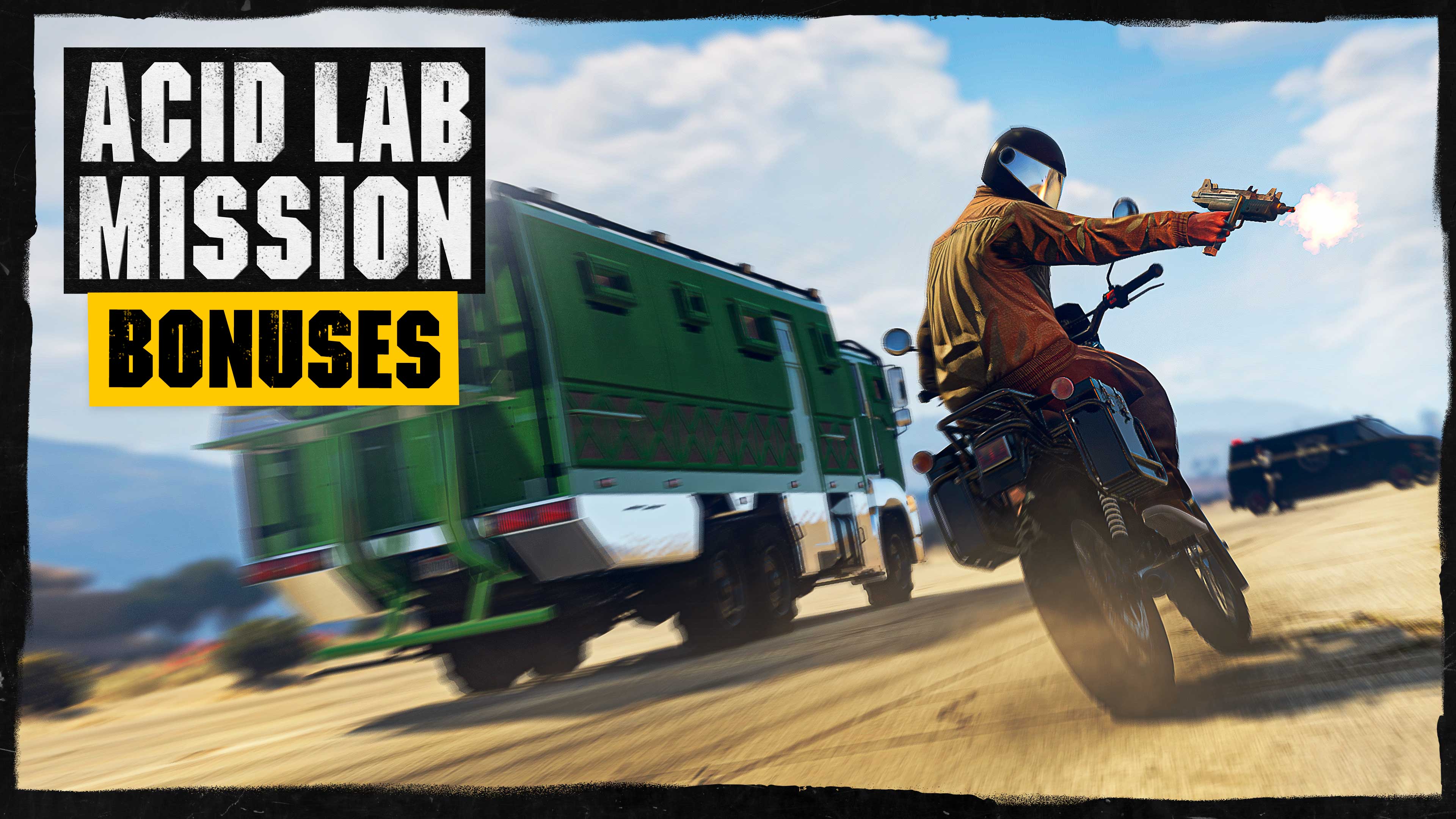 A GTA Online character riding a Manchez Scout C beside a Brickade 6x6 in official Acid Lab artwork
