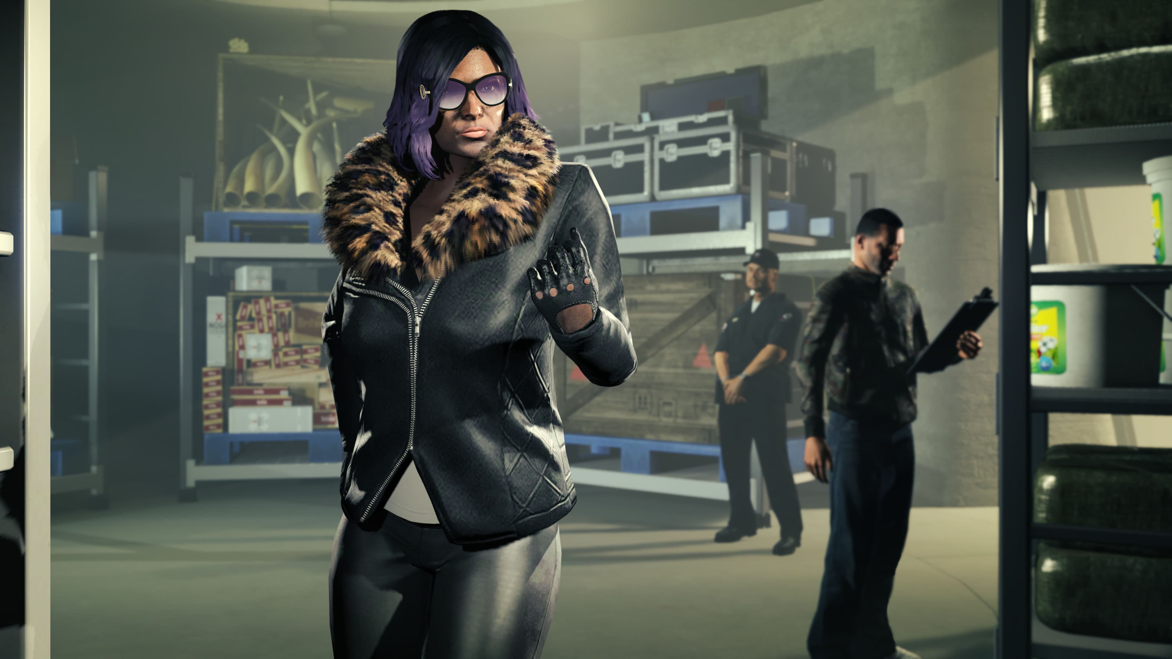 A character using a phone in a GTA Online Nightclub warehouse, with stacked goods and other people nearby